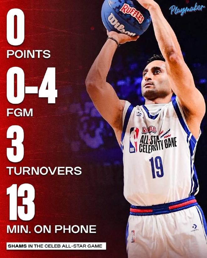 還是忘不了本行，Shams名人賽數(shù)據(jù)：4投0中3失誤，看手機(jī)13分鐘